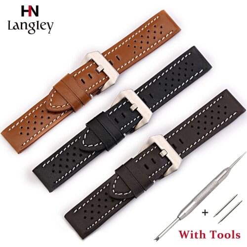 Vintage Genuine Leather Slub Grain Strap 20mm 22mm 24mm 26mm Black Ventilation Bracelet Quick Release Watchband for Men watches