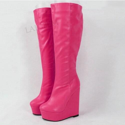 SEIIHEM Women Knee High Boots Wedges High Heels Side Full Zip Up Platform Boot Faux Leather Female Shoes Woman Big Size 43 46 52