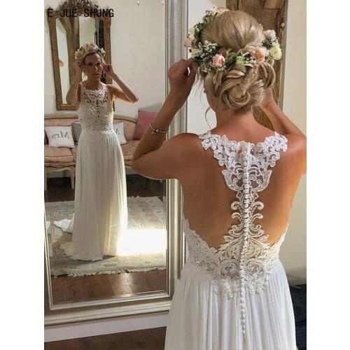 E JUE SHUNG White Simple Sleeveless Wedding Dresses O-Neck A Line Button Back Boho Wedding Gowns Lace Appliques vestido de noiva