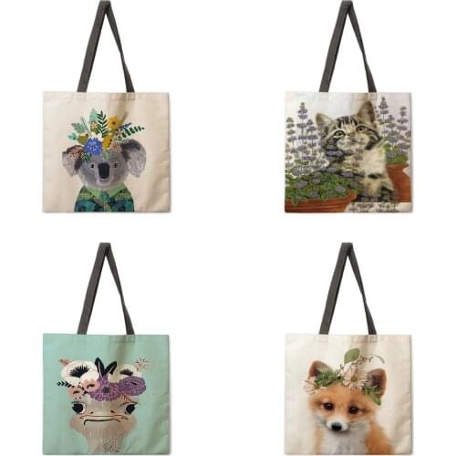 Flower Small Animal Linen Tote Bag Ladies Tote Bag Fashion Handbag Large Capacity Shopping Tote Bag