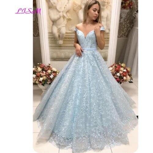 Off the Shoulder Sky Blue Long Ball Gown Prom Dresses Elegant Appliques Princess Evening Dress Tulle Party Gowns
