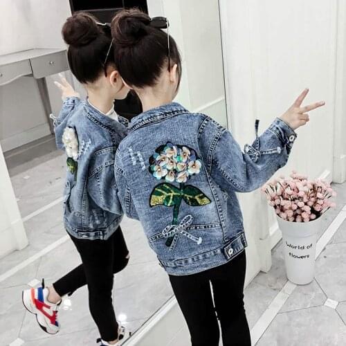Korean 2021 Spring Summer Girls Fashion Denim Jacket Kid Casual Short Style Round Collar Beading Long-Sleeve Outerwear Coat