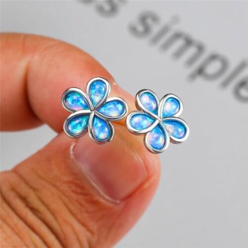 Dainty Female Blue Opal Stone Earrings Classic Silver Color Wedding Earrings For Women Cute Bridal Flower Small Stud Earrings