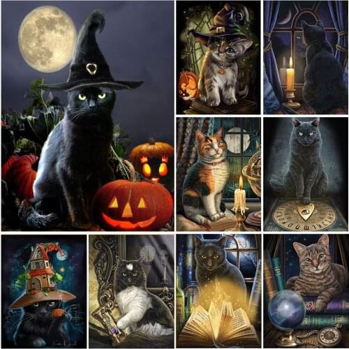 FIYO 5D DIY Diamond Painting Black Cat Full Square/Round Halloween Embroidery Animal Mosaic Picture of Rhinestone Home Decor