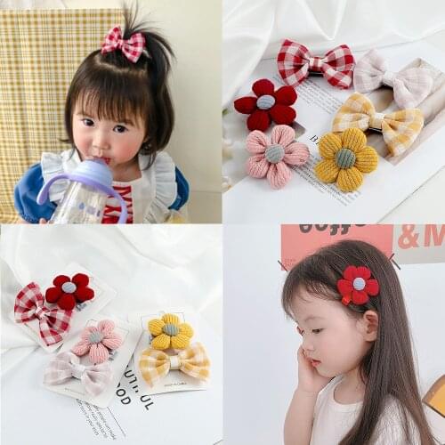 2Pcs Sweet Plaid Bowknot Hair Clip Set Cute Sun Flower Duckbill Hairpins Princess Headdress Accessories Gifts For Girls Children