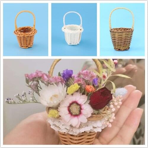 Mini Flower Basket 8cm Height Miniature Dollhouse Pretend Play Kitchen Small Doll Toy Accessories