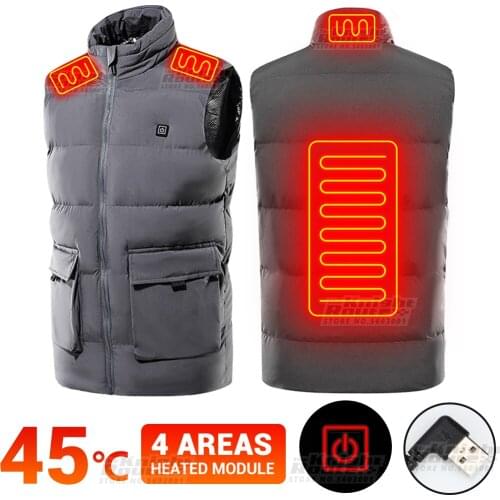 4 Areas Men Eletice Heating Jacket USB Hetaed Vest Winter Outerwaear Motorcycle Jacket Thermal Warm Hiking Hunting Clothing Gray