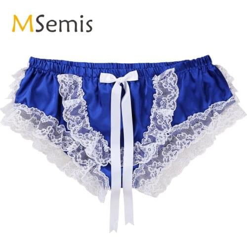 Mens Lingerie Sissy Lace Underwear Shiny Soft Ruffled Lace Floral and Cute Bowknot Briefs Panties