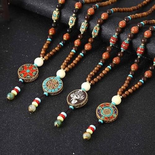 Handmade Nepal Necklace Buddhist Mala Wood Beads Pendant & Necklace Ethnic Horn Fish Long Statement Jewelry Women Men