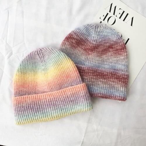 Autumn Winter Warm Hats for Women Tie Dye Knitted Beanie Hat Colorful Rainbow Fashion Hip Hop Male Bonnet Femme Cap Gorros Para