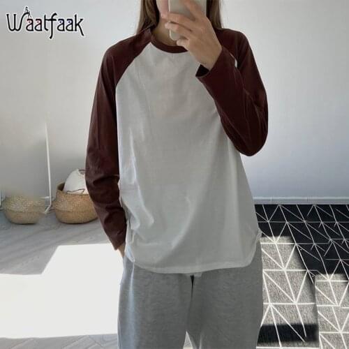 Waatfaak Casual Patchwork White T Shirt Autumn Harajuku Oversized Tshirt Long Sleeve Vintage 90S Cute Y2K Street Tshirt Brown