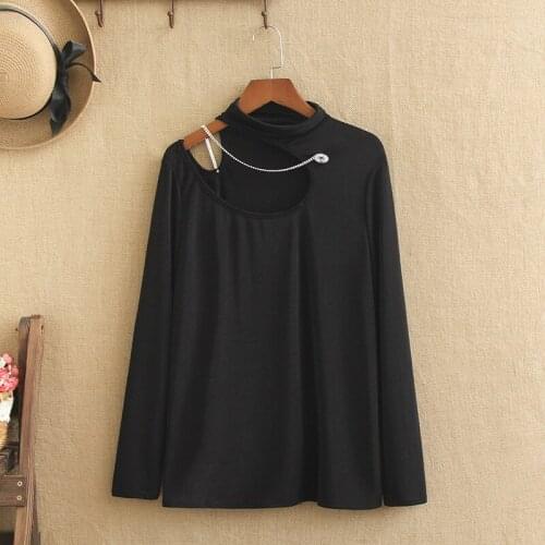 Plus size t-shirt long-sleeved t-shirt ladies wear high elastic undershirt collar irregular design high-quality elastic shirt