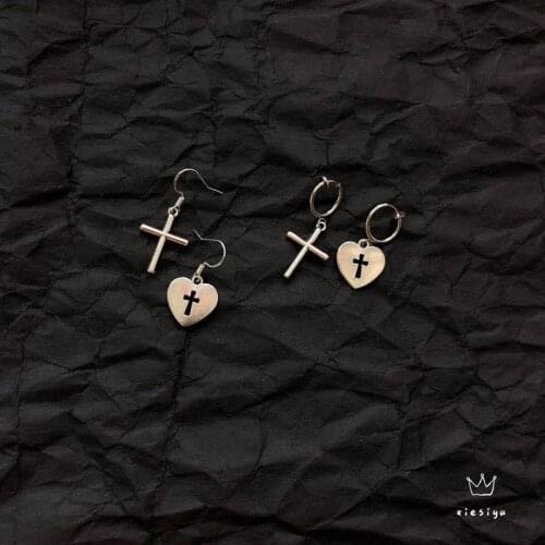 New Harajuku Cool Cross Heart Pendant Drop Earring, Christian Metal Punk Chain Jewelry for Vintage Women Friendship Girl Gifts