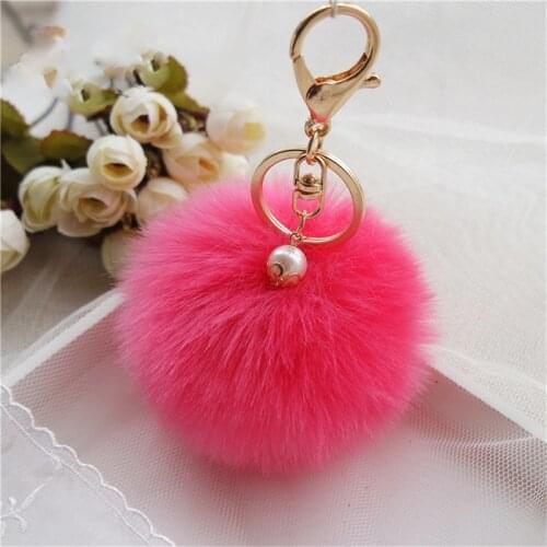 Cute Fluffy Faux Rabbit Fur Ball Keychain Women Car Key Chain Ring Pompom Pearl Decoration Pendant For Bag Backpack Accessories