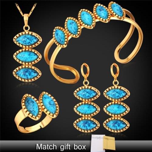 Turkish Jewelry Sets Gold Color Necklace Earrings Bracelet Ring Set For Women Jewelry Green Summer Style PEHR1116