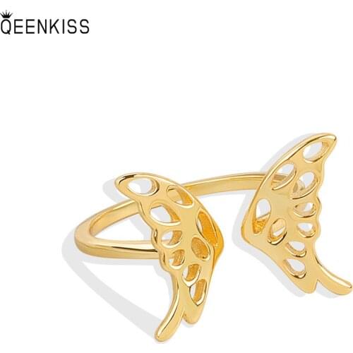 QEENKISS RG642Fine Jewelry Wholesale Fashion Woman Girl Birthday Wedding Simplicity Butterfly 18KT Gold White Gold Opening Ring