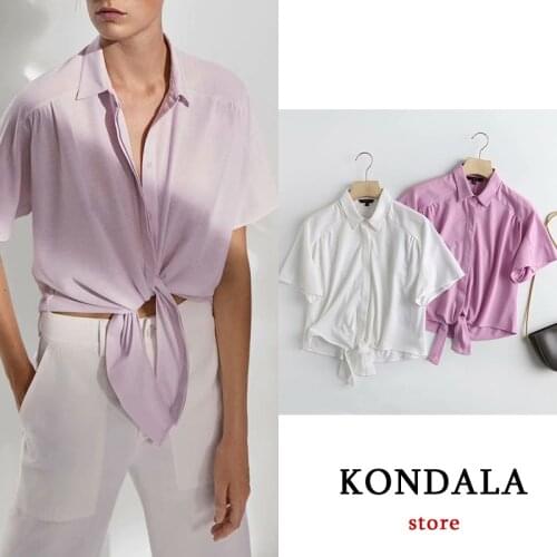 KONDALA Women Chic Purple Short Bow Tie Blouses Za 2021 Single Button Elegant Women Shirts Summer Short Sleeve Solid Cropped Top