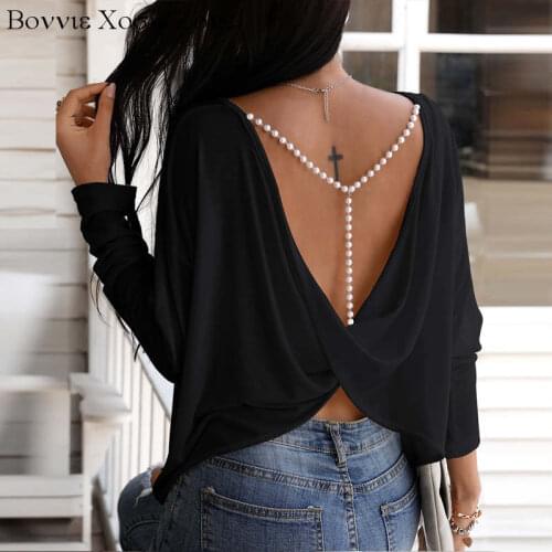 Women Round Neck Long Sleeve Butterfly Print Backless Twisted Top Beaded Blouse