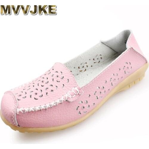 MVVJKE 2018 Round Toe Genuine Leather Shoes Flat Cut outs Women Shoes Summer Concise Casual Ballet Flats Women Nurse Loafers