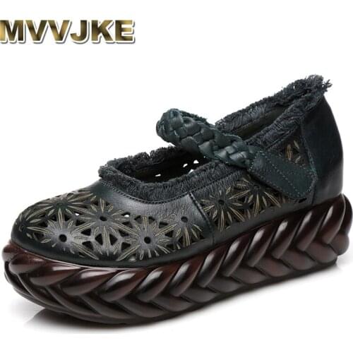 MVVJKE Spring Handmade Shoes Platform Wedges Women Pumps Fretwork Cut Out Genuine Leather Women Casual Shoes Zapatos Mujer