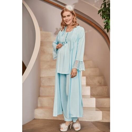 Womens Pregnant Postpartum Pajamas Set Lacy Dressing Gown Cotton 3 Piece Set