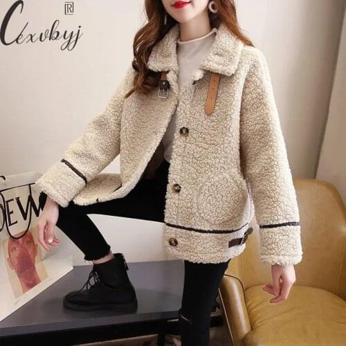 Lamb Wool Winter Coat Women Korean Turn Down Collar Jacket Double Leather Buckle Faux Fur Coat Thick Single Breasted Overcoat