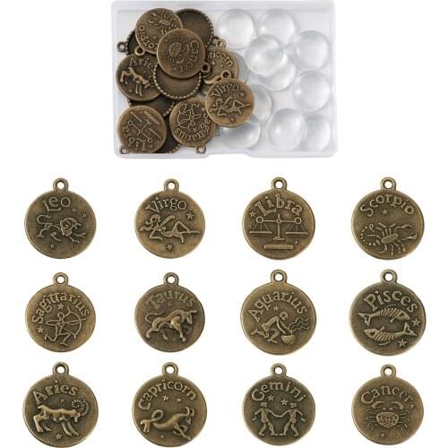 12Pcs Constellations Pendant Making Kits Alloy Pendants Settings Half Round Transparent Glass Cabochons Antique Bronze Tray:20mm