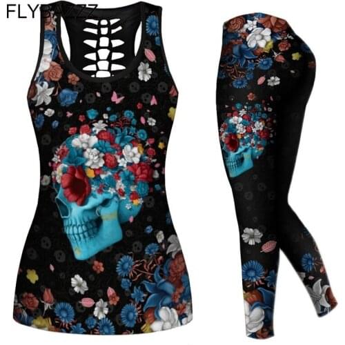 2021 Sexy Flower Skull Print Leggings+top Womens Tracksuit Sportswear High Waist Legging Sport Set Women Fitness Clothing 4XL