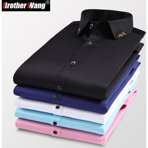 2021 New Autumn Mens Business Casual Long Sleeve White Shirt Fashion Embroidery Stretch Shirt Male Brand Clothes Black Blue