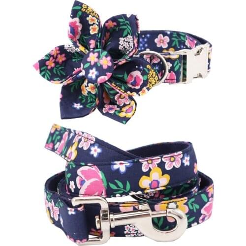 C126 floral girl dog collar dog flower and leash set for pet dog cat with rose gold metal buckle