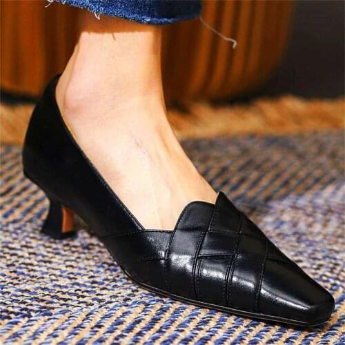 Womens Cow Leather Kitten Heel Pumps Pointed Toe Slip On Party Shoes Sexy Elegant Mid Heel Oxfords
