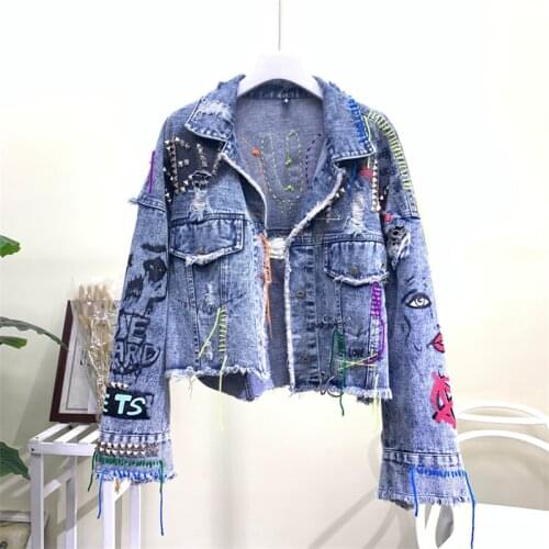 Denim Jackets New Women Jacket High Street Graffiti Personality Short Raw Cut Rivet Jacket Fringe Jean Coat Jaqueta Feminina
