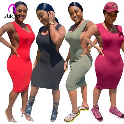 Fitness Women Midi Dress Solid Low Cut Vest Dress 2021 Summer Sexy Night Club Party Skinny Vestidos Casual Home Bodycon Outfits