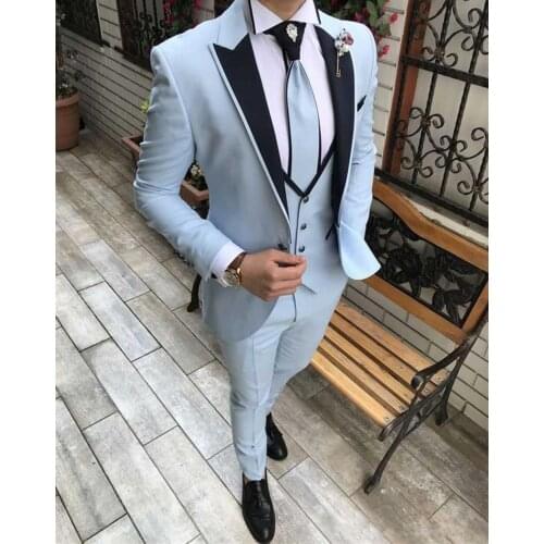 Formal Light Blue Groomsmen Men Suits 3 Piece Costume Homme Groom Wedding Wear Terno Masculino Slim Fit Party Best Man Blazer