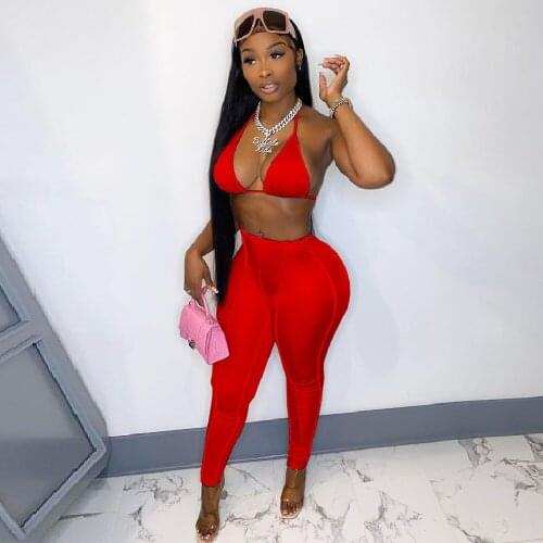 Pink/red/black Sexy Two Piece Pant Suit Womens Costumes Halter Open Back Crop Top+skinny Sweatpant Casual Matching Outfit New