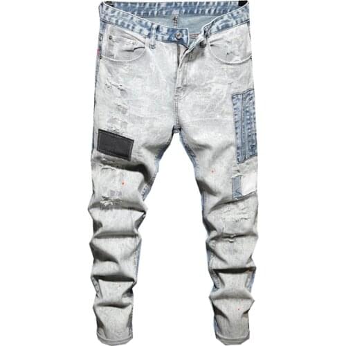 Mens Patchwork Spliced Ripped Jeans Trendy Streetwear Holes Patch Stretch Denim Slim Pencil Pants Trousers