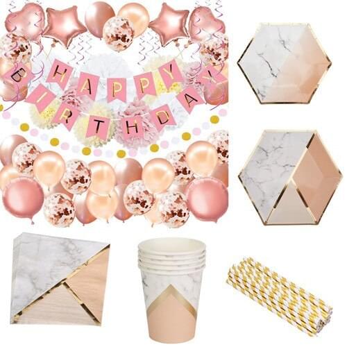Girls First Birthday Party Decoration Tableware Set Paper Plates Cups Napkins Straws Rose Gold Latex Party Balloons Swirl Decor