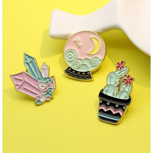 New fashion Enamel Brooch Lapel Pin Magic Crystal moon auspicious clouds Glass ball pot of cactus Personality Badge Friend gift