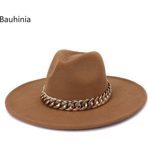 New British Style 9.5CM Wide Brim Winter Wool Fedoras Cap Thick Gold Chain Band Panama rilby Formal Party Jazz Hat