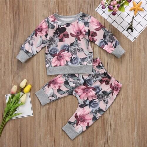 New 2020 Newborn Toddler Kids Baby Girls Outfits Floral Clothes T-shirt Tops Dress And Pants 2 PIECES Set
