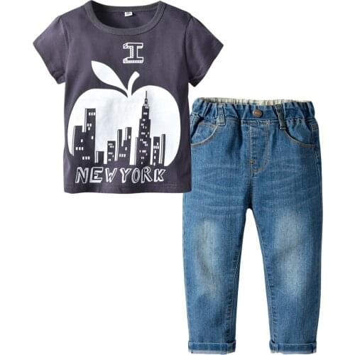 Oklady Summer Kids Clothes Mamas Boy Short Sleeve Cotton T-shirt Tops+Jean Shorts Denim Pant 2PCS Baby Boys Clothing Set
