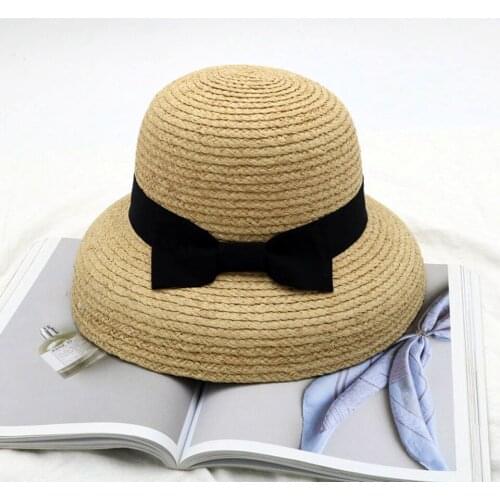 Summer Elegant Raffia Bucket Hat With Bow Fashion Handmade Raffia Straw Hat Women Fisherman Sun Hat Holiday Basin Beach Hat