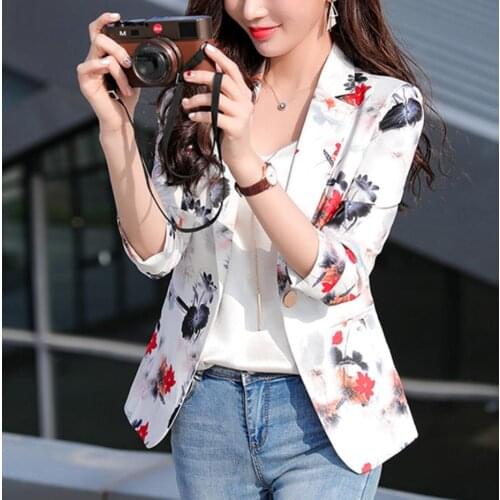 Summer Fashion Female Pink Whte Print Blazers And Jackets Women Long Sleeve One Button Women Blazer Coat Spring