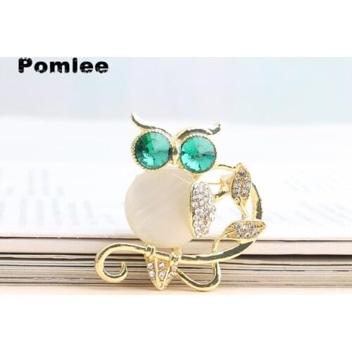 Pomlee 2021 New Crystal Owl Brooches For Women Green Eyes Rhinestone Animal Brooch Pins Luxury Vintage Jewelry Accessories