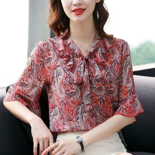 Printed Chiffon Bottoming Shirt Womens 2021 New Lotus Leaf Sleeve V Neck Blouse Summer Half Sleeve Floral Top Blusas Mujer