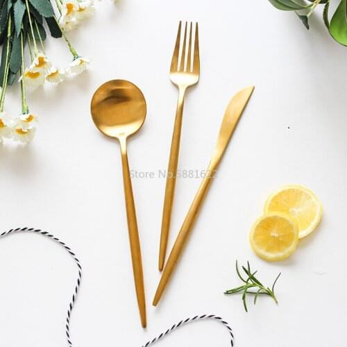 Simple and Beautiful Stainless Steel Knife and Fork Spoon Golden Steak Knife and Fork Western Tableware Set Soup Spoon