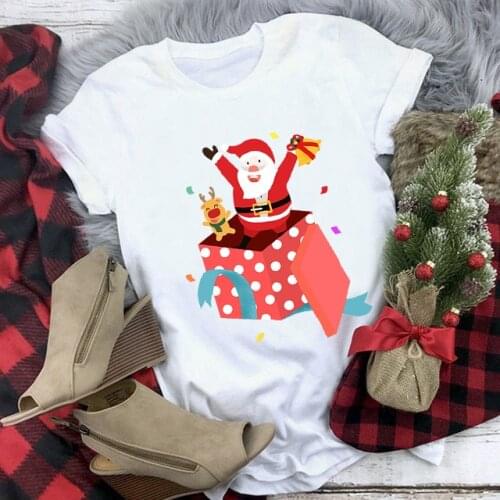 FIXSYS Merry Christmas T-shirt Women Cartoon Santa Claus Gift Graphic Print Tee Female Fashion Casual Short Sleeve TShirt