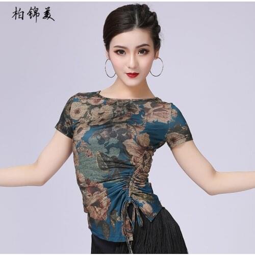 Latin dance shirt female adult clothing new short-sleeved round neck practice performance clothing modern dance training competi