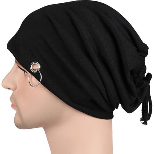 Hot European and American fashion iron ring head cap monochrome scarf hip hop Unisex hats pile caps Casual ponytail beanie