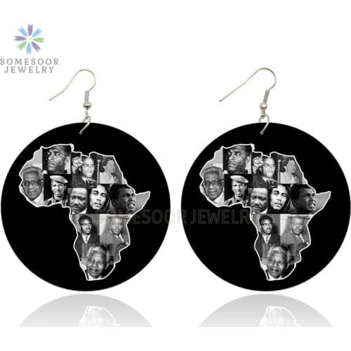 SOMESOOR Printing Black History Famous Leaders African Wooden Drop Earrings Afro Wood Dangle Jewelry For Women Christmas Gifts